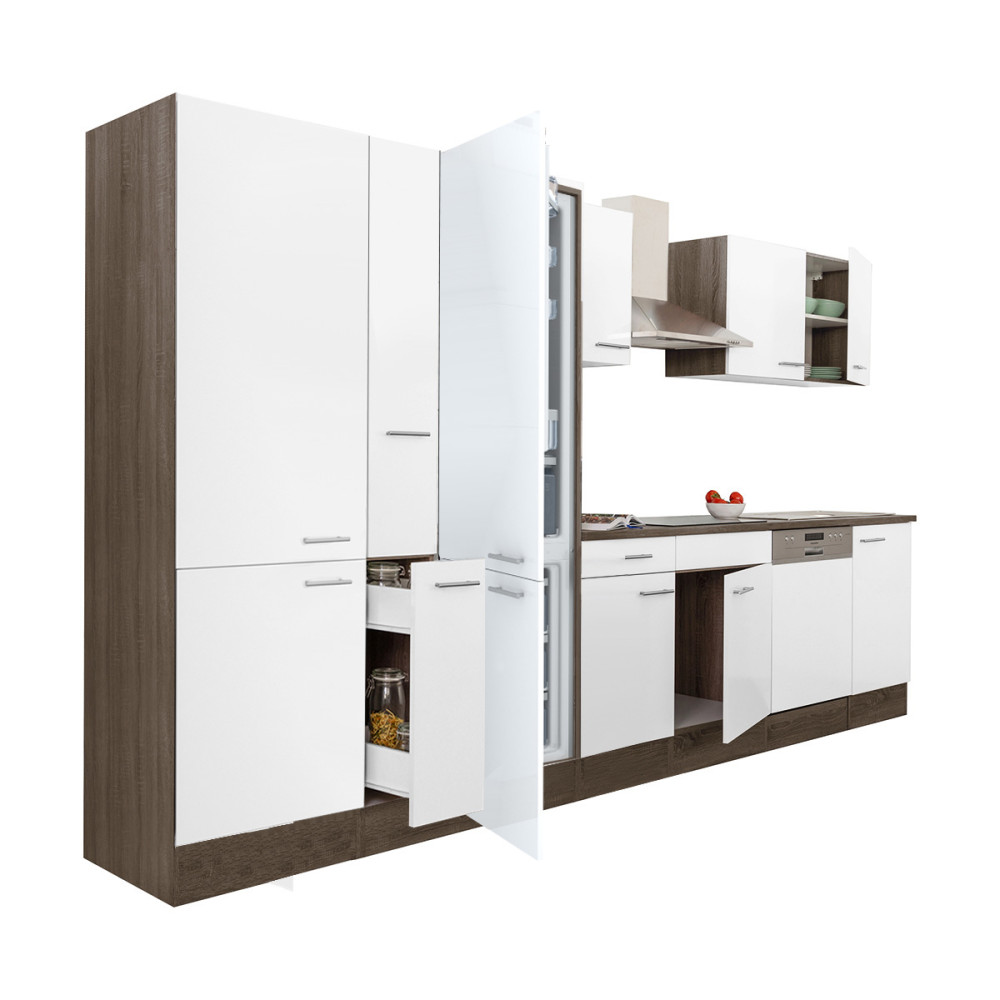 Yorki 370 konyhablokk yorki tölgy korpusz,selyemfényű fehér fronttal polcos szekrénnyel és alulfagyasztós hűtős szekrénnyel (HX)