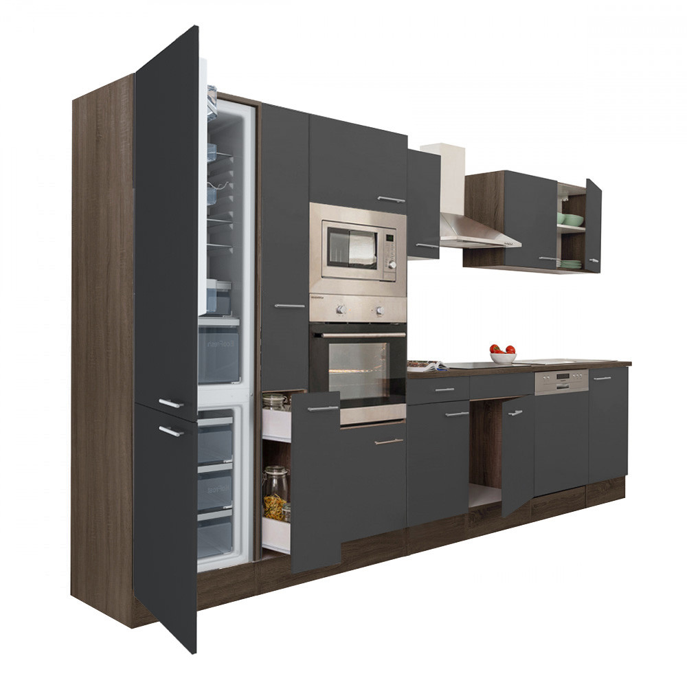 Yorki 370 konyhablokk yorki tölgy korpusz,selyemfényű antracit fronttal alulfagyasztós hűtős szekrénnyel (HX)