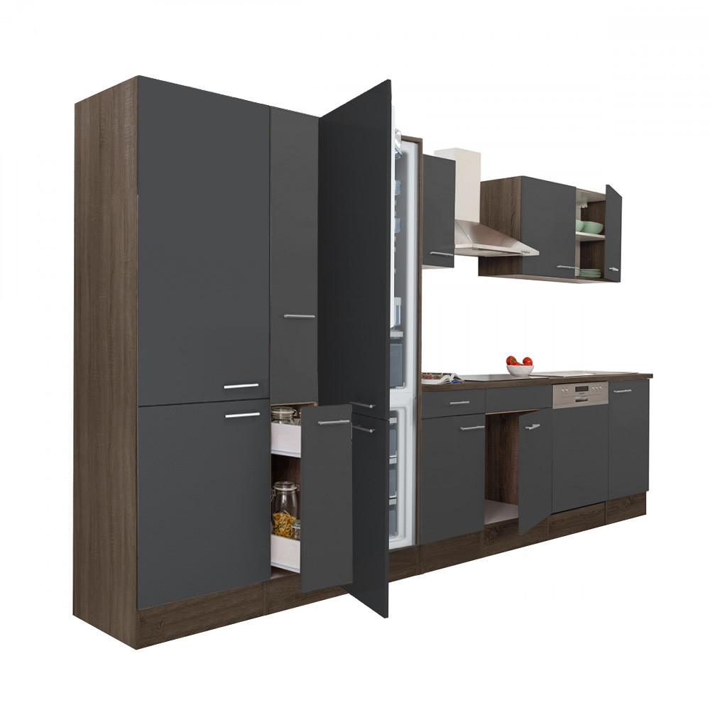 Yorki 370 konyhablokk yorki tölgy korpusz,selyemfényű antracit fronttal polcos szekrénnyel és alulfagyasztós hűtős szekrénnyel (HX)
