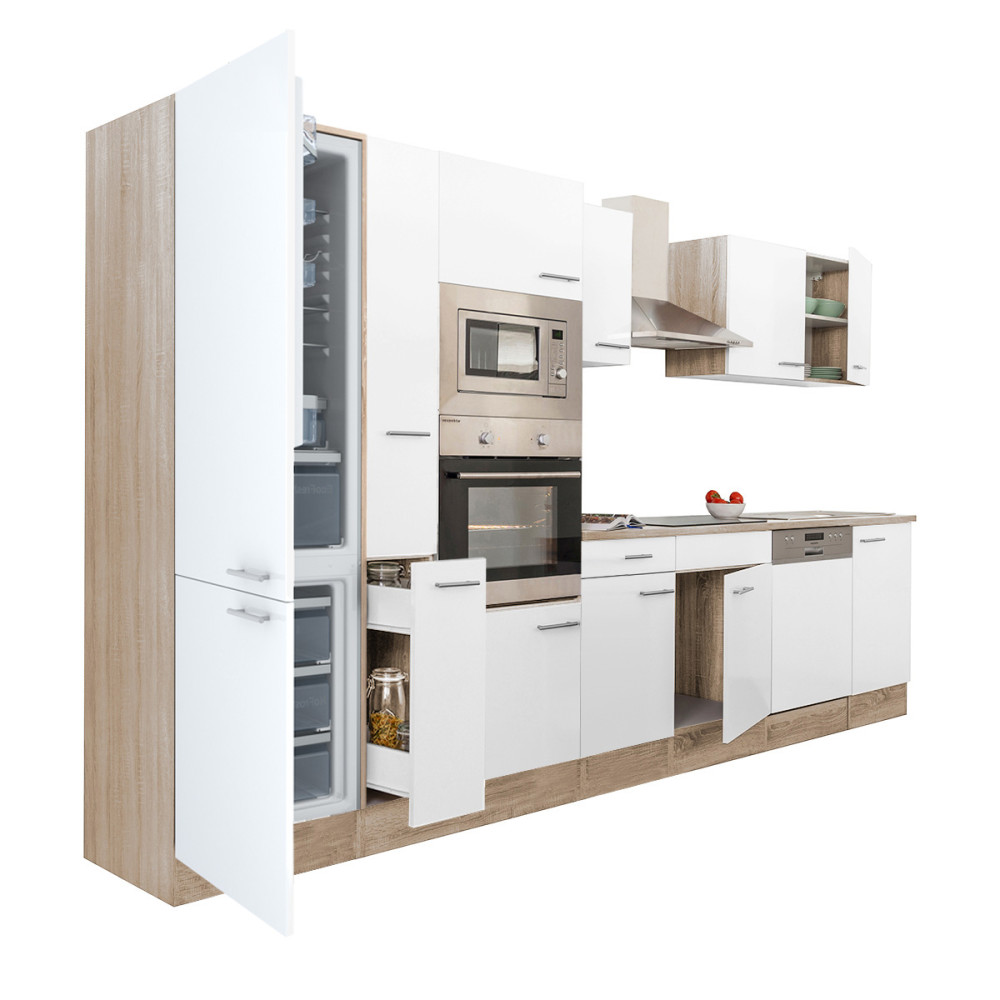 Yorki 370 konyhablokk sonoma tölgy korpusz,selyemfényű fehér fronttal alulfagyasztós hűtős szekrénnyel (HX)