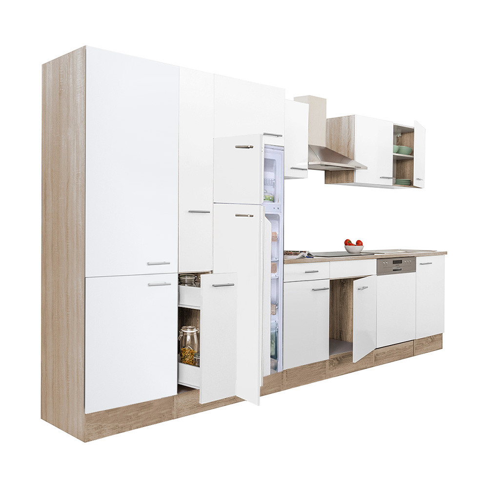 Yorki 370 konyhablokk sonoma tölgy korpusz,selyemfényű fehér fronttal polcos szekrénnyel és felülfagyasztós hűtős szekrénnyel (HX)