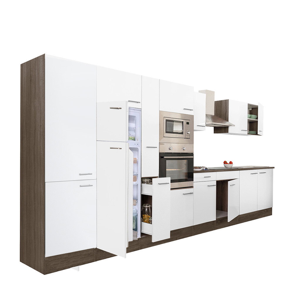 Yorki 420 konyhablokk yorki tölgy korpusz,selyemfényű fehér fronttal felülfagyasztós hűtős szekrénnyel (HX)