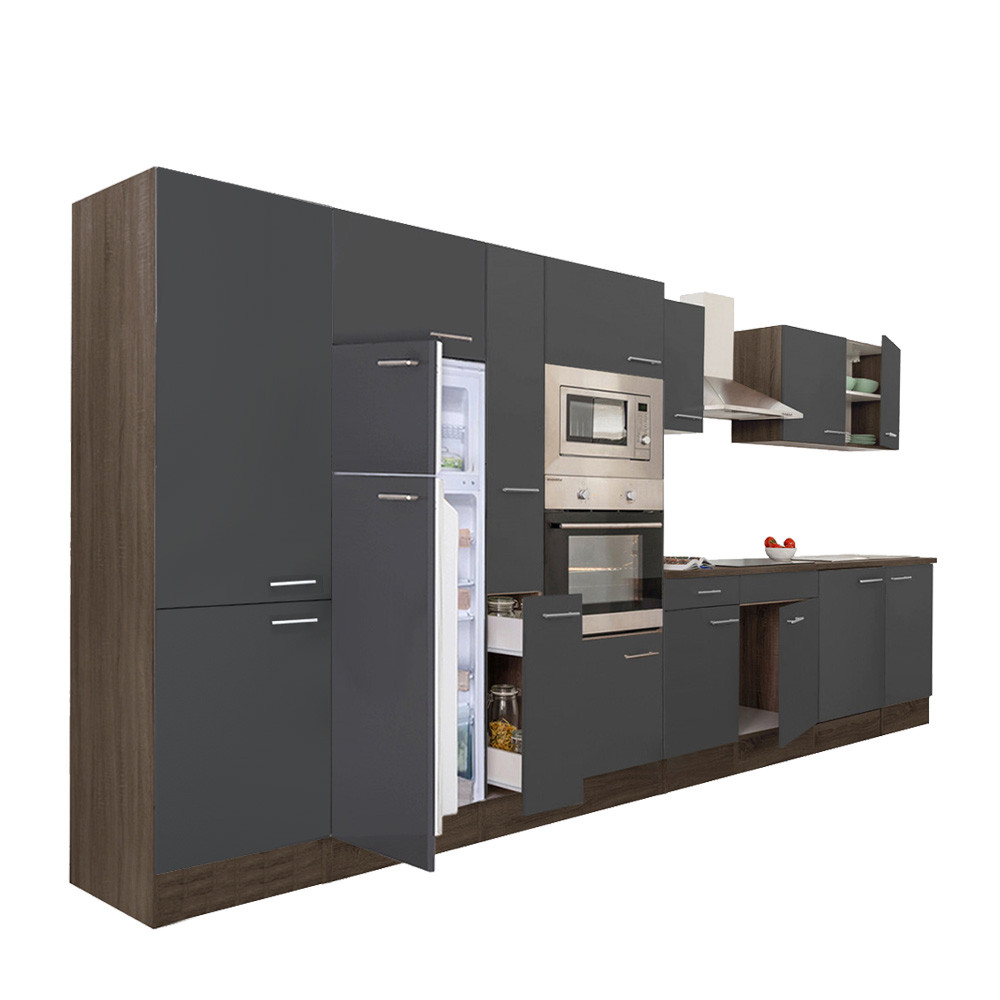 Yorki 420 konyhablokk yorki tölgy korpusz,selyemfényű antracit fronttal felülfagyasztós hűtős szekrénnyel (HX)