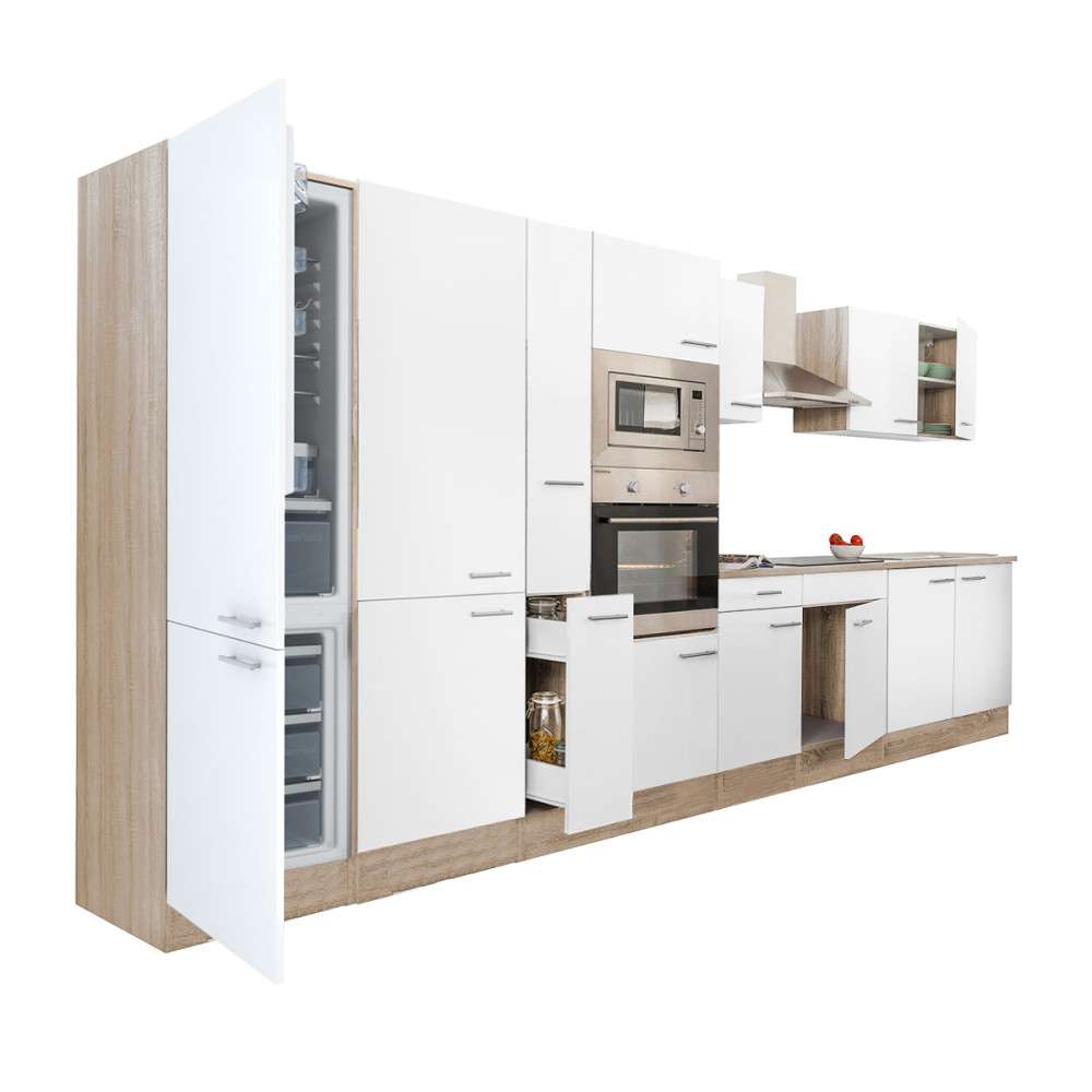 Yorki 420 konyhablokk sonoma tölgy korpusz,selyemfényű fehér fronttal alulfagyasztós hűtős szekrénnyel (HX)