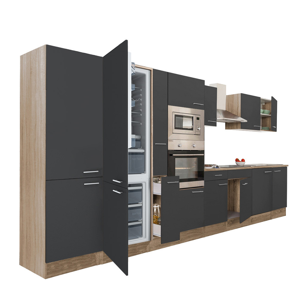 Yorki 420 konyhablokk sonoma tölgy korpusz,selyemfényű antracit fronttal alulfagyasztós hűtős szekrénnyel (HX)