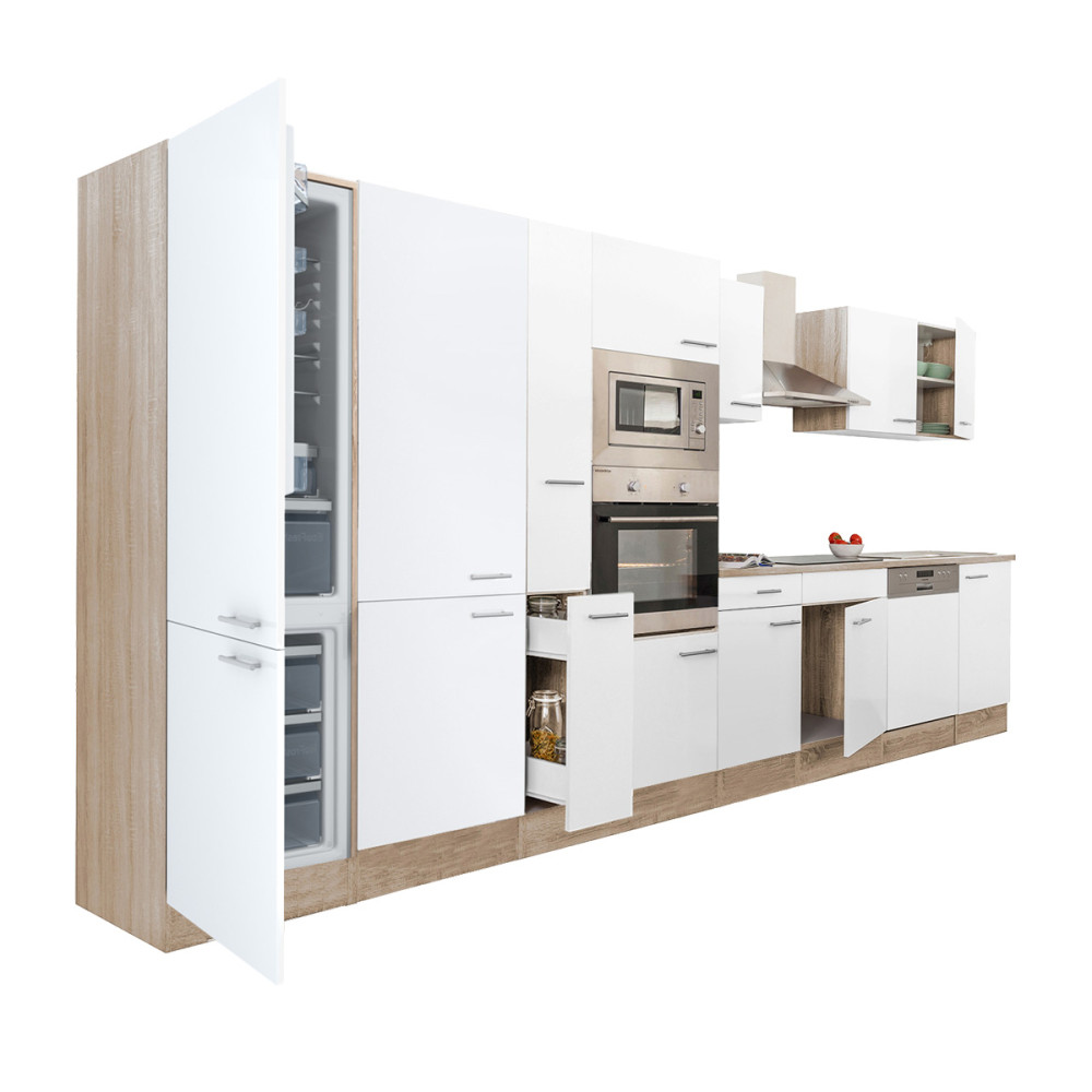 Yorki 430 konyhablokk sonoma tölgy korpusz,selyemfényű fehér fronttal alulfagyasztós hűtős szekrénnyel (HX)