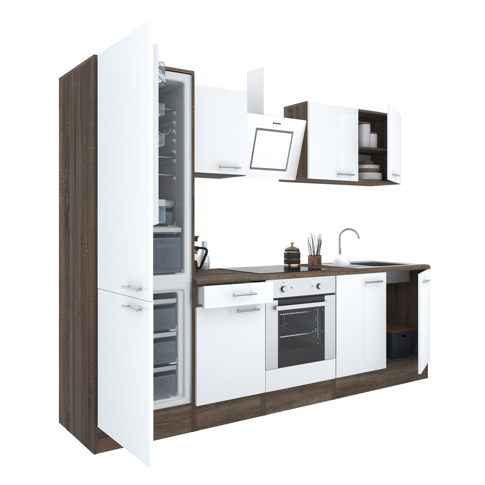 Yorki 270 konyhablokk yorki tölgy korpusz,selyemfényű fehér front alsó sütős elemmel alulfagyasztós hűtős szekrénnyel (HX)