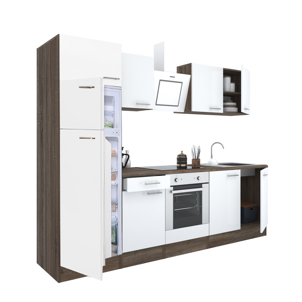 Yorki 270 konyhablokk yorki tölgy korpusz,selyemfényű fehér front alsó sütős elemmel felülfagyasztós hűtős szekrénnyel (HX)
