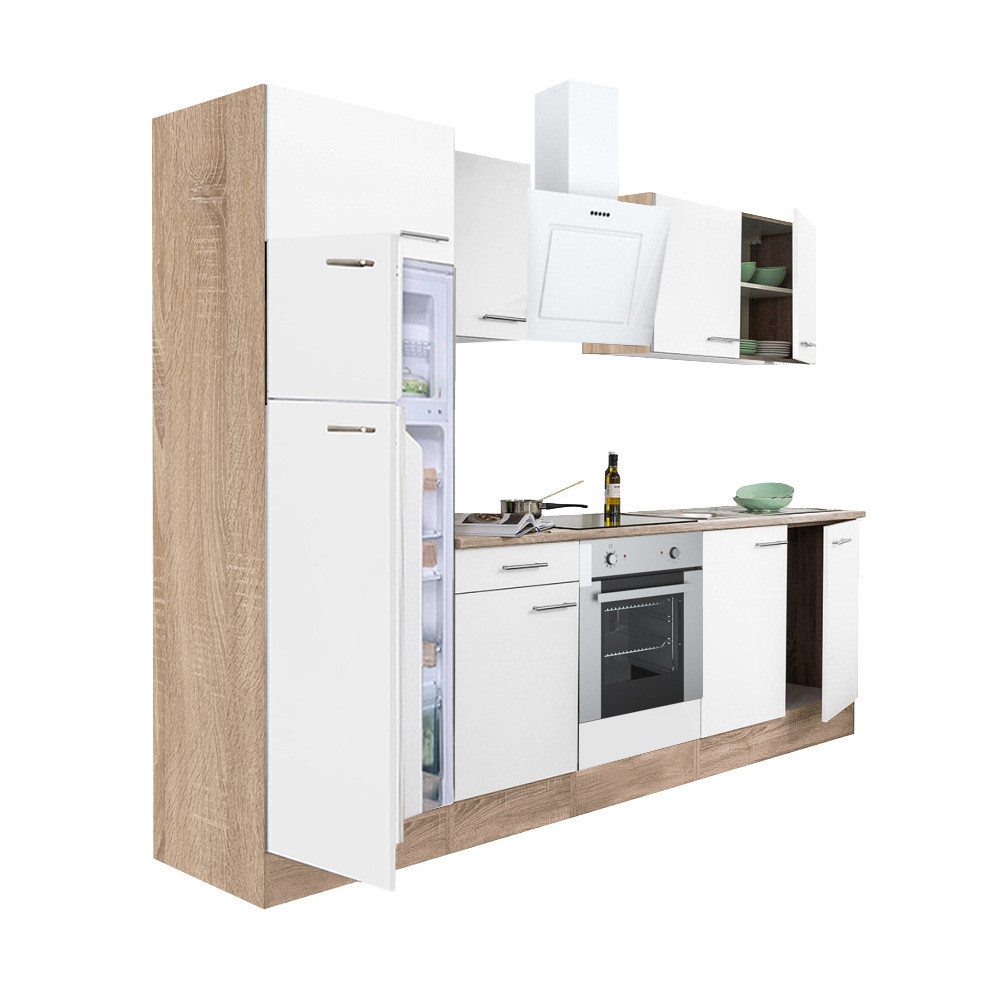 Yorki 270 konyhablokk sonoma tölgy korpusz,selyemfényű fehér front alsó sütős elemmel felülfagyasztós hűtős szekrénnyel (HX)