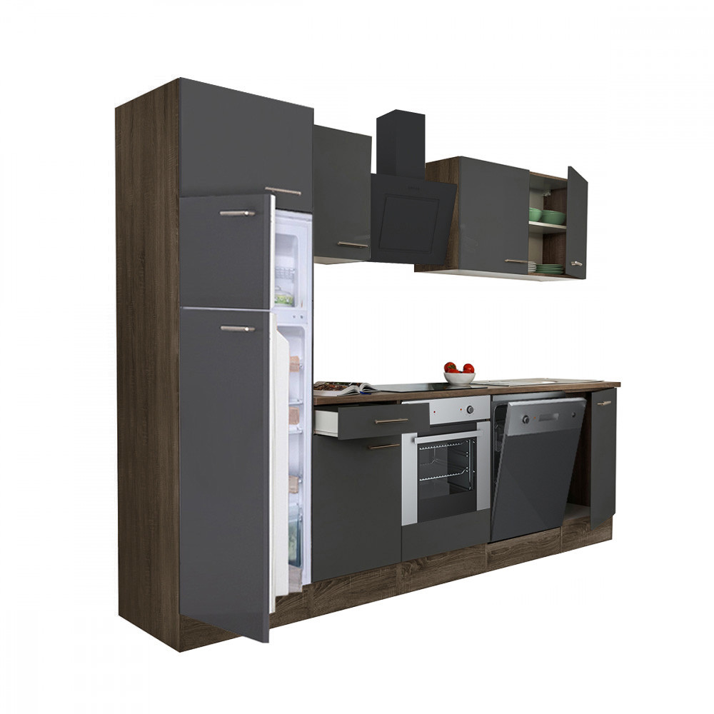 Yorki 280 konyhablokk yorki tölgy korpusz,selyemfényű antracit front alsó sütős elemmel felülfagyasztós hűtős szekrénnyel (HX)