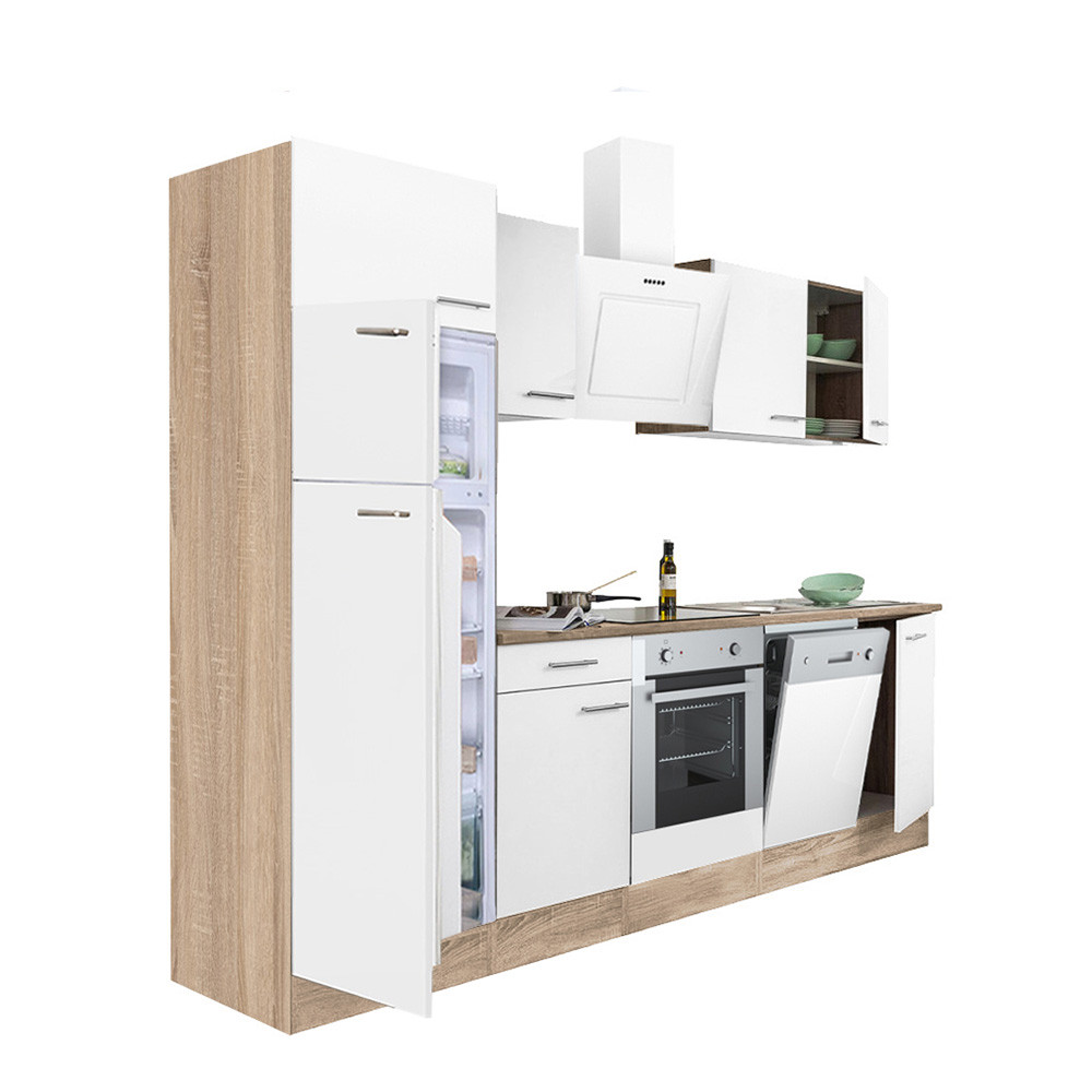 Yorki 280 konyhablokk sonoma tölgy korpusz,selyemfényű fehér front alsó sütős elemmel felülfagyasztós hűtős szekrénnyel (HX)