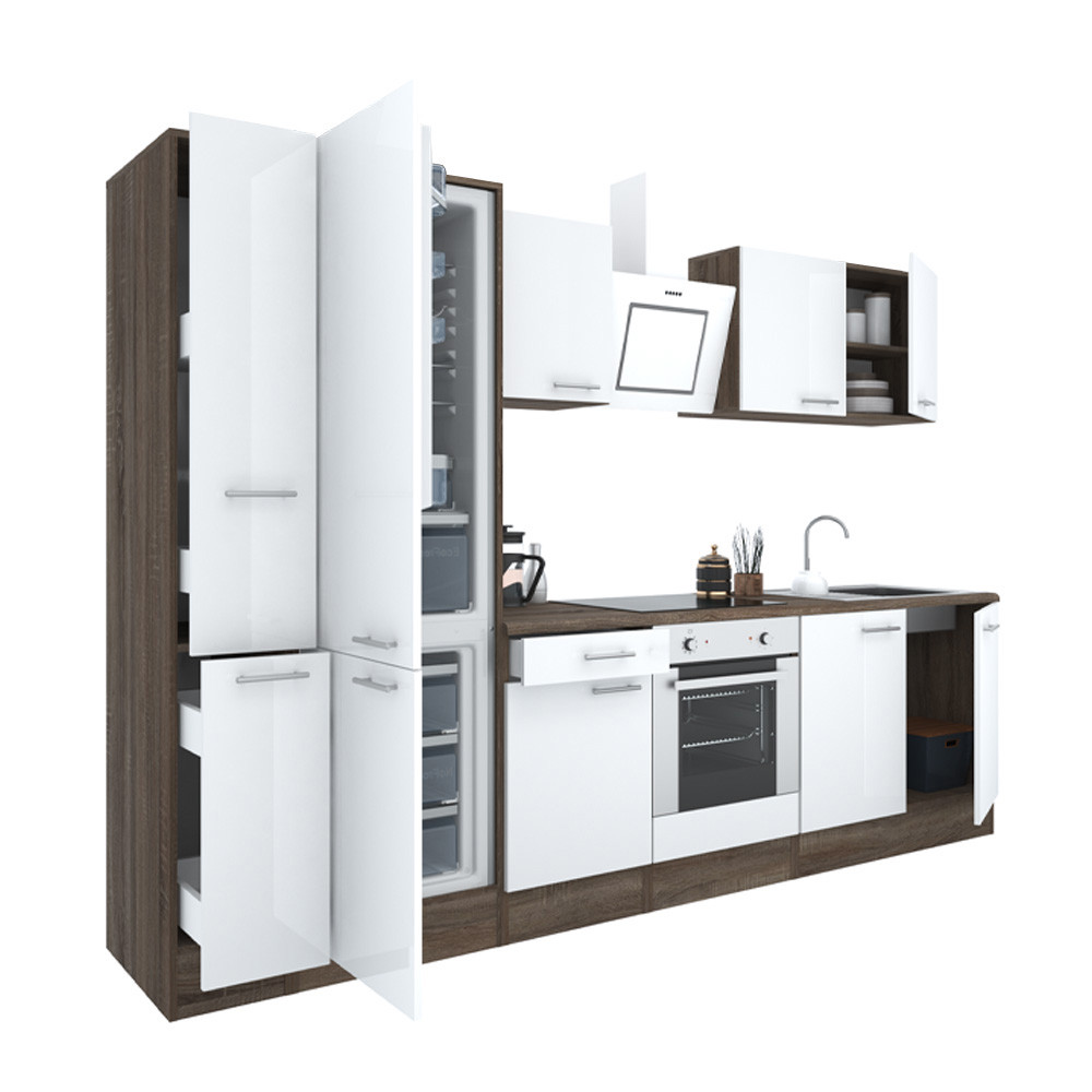 Yorki 300 konyhablokk yorki tölgy korpusz,selyemfényű fehér front alsó sütős elemmel alulfagyasztós hűtős szekrénnyel (HX)