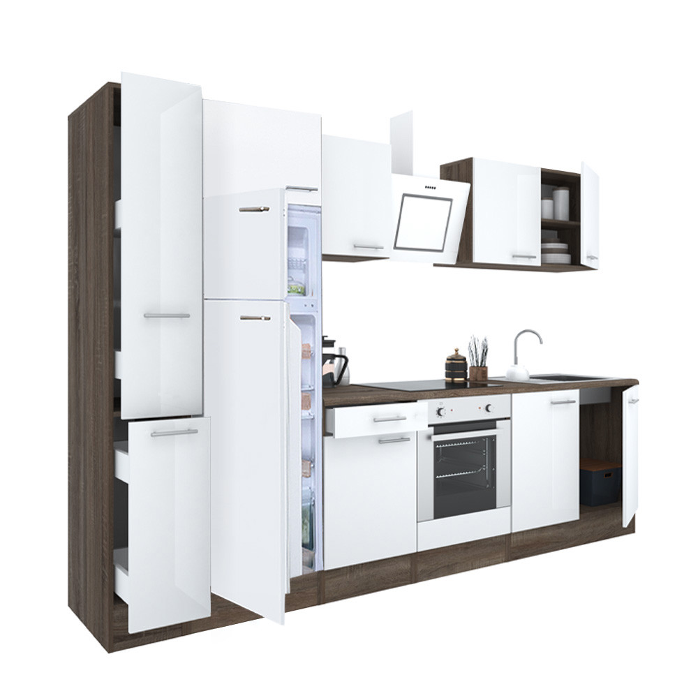 Yorki 300 konyhablokk yorki tölgy korpusz,selyemfényű fehér front alsó sütős elemmel felülfagyasztós hűtős szekrénnyel (HX)