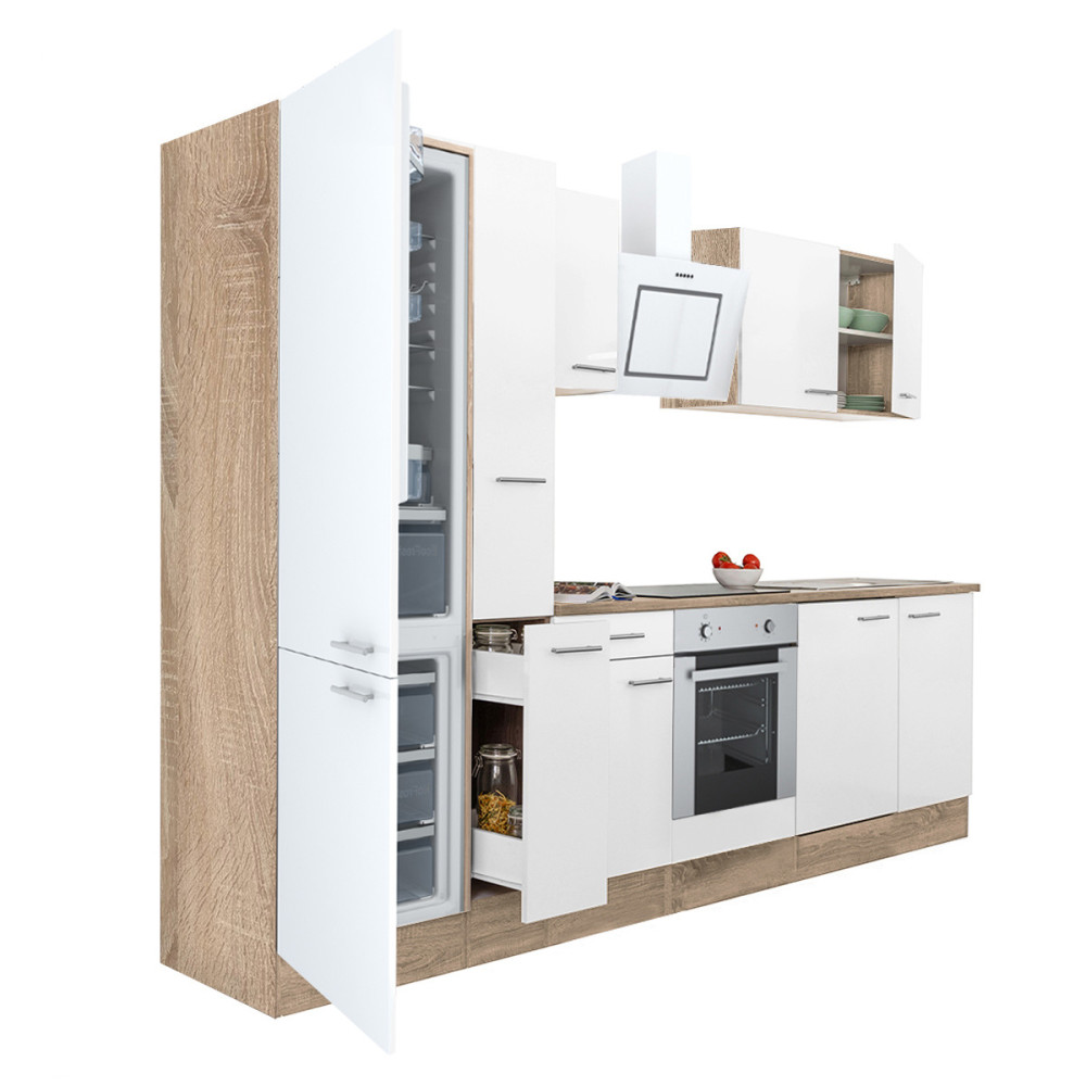 Yorki 300 konyhablokk sonoma tölgy korpusz,selyemfényű fehér front alsó sütős elemmel alulfagyasztós hűtős szekrénnyel (HX)