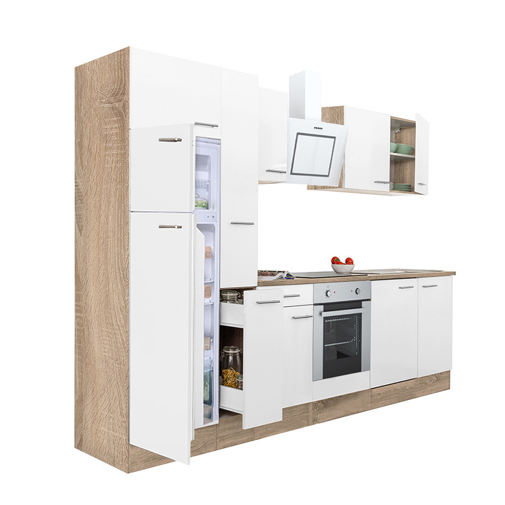Yorki 300 konyhablokk sonoma tölgy korpusz,selyemfényű fehér front alsó sütős elemmel felülfagyasztós hűtős szekrénnyel (HX)