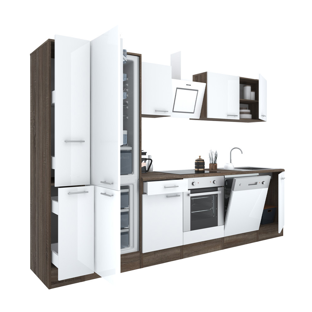 Yorki 310 konyhablokk yorki tölgy korpusz,selyemfényű fehér front alsó sütős elemmel alulfagyasztós hűtős szekrénnyel (HX)