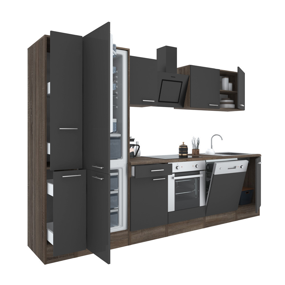 Yorki 310 konyhablokk yorki tölgy korpusz,selyemfényű antracit front alsó sütős elemmel alulfagyasztós hűtős szekrénnyel (HX)