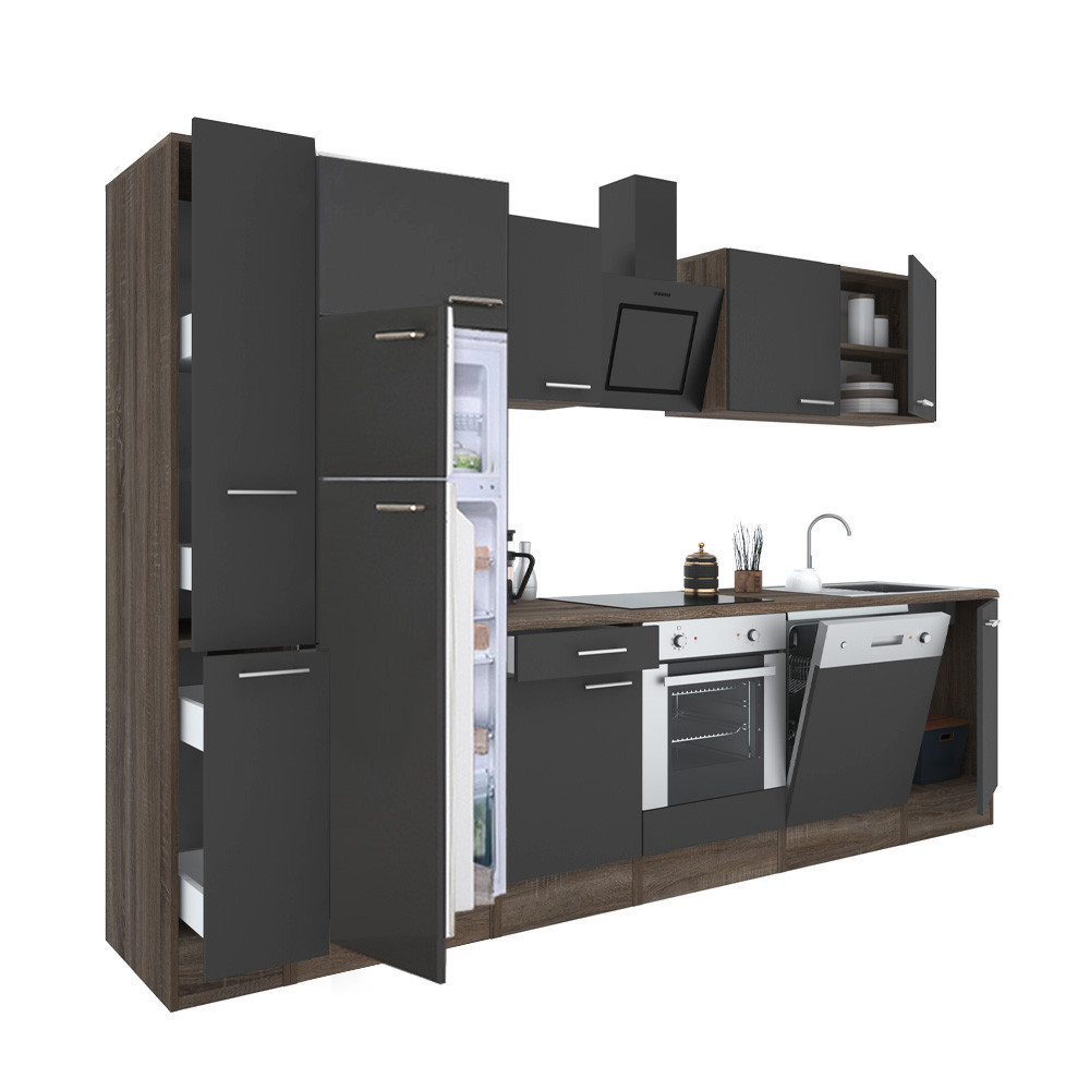 Yorki 310 konyhablokk yorki tölgy korpusz,selyemfényű antracit front alsó sütős elemmel felülfagyasztós hűtős szekrénnyel (HX)
