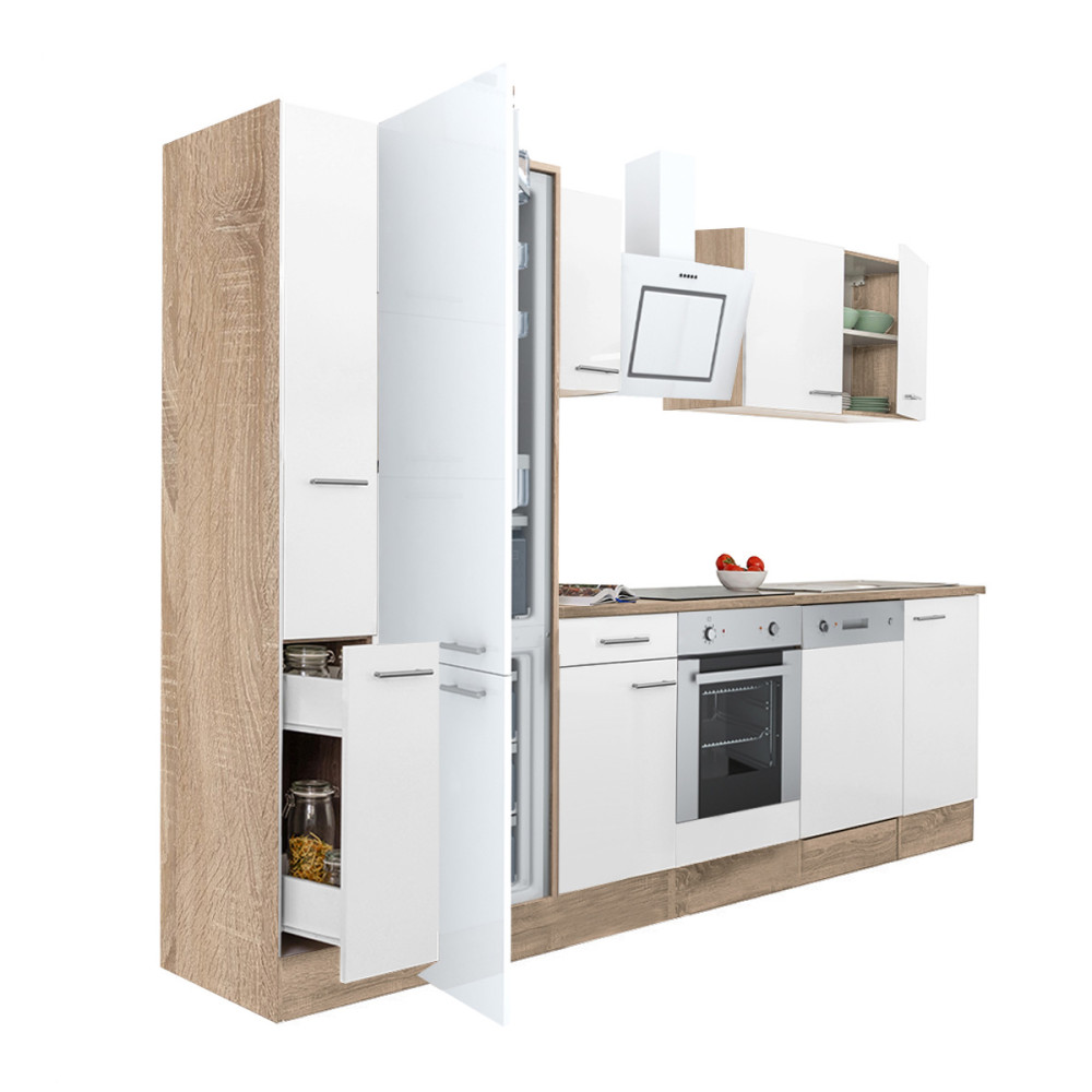 Yorki 310 konyhablokk sonoma tölgy korpusz,selyemfényű fehér front alsó sütős elemmel alulfagyasztós hűtős szekrénnyel (HX)