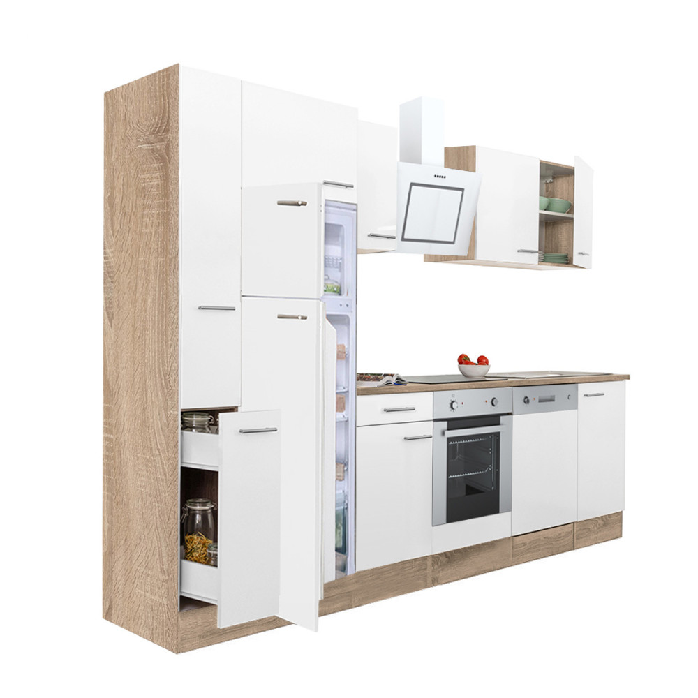 Yorki 310 konyhablokk sonoma tölgy korpusz,selyemfényű fehér front alsó sütős elemmel felülfagyasztós hűtős szekrénnyel (HX)