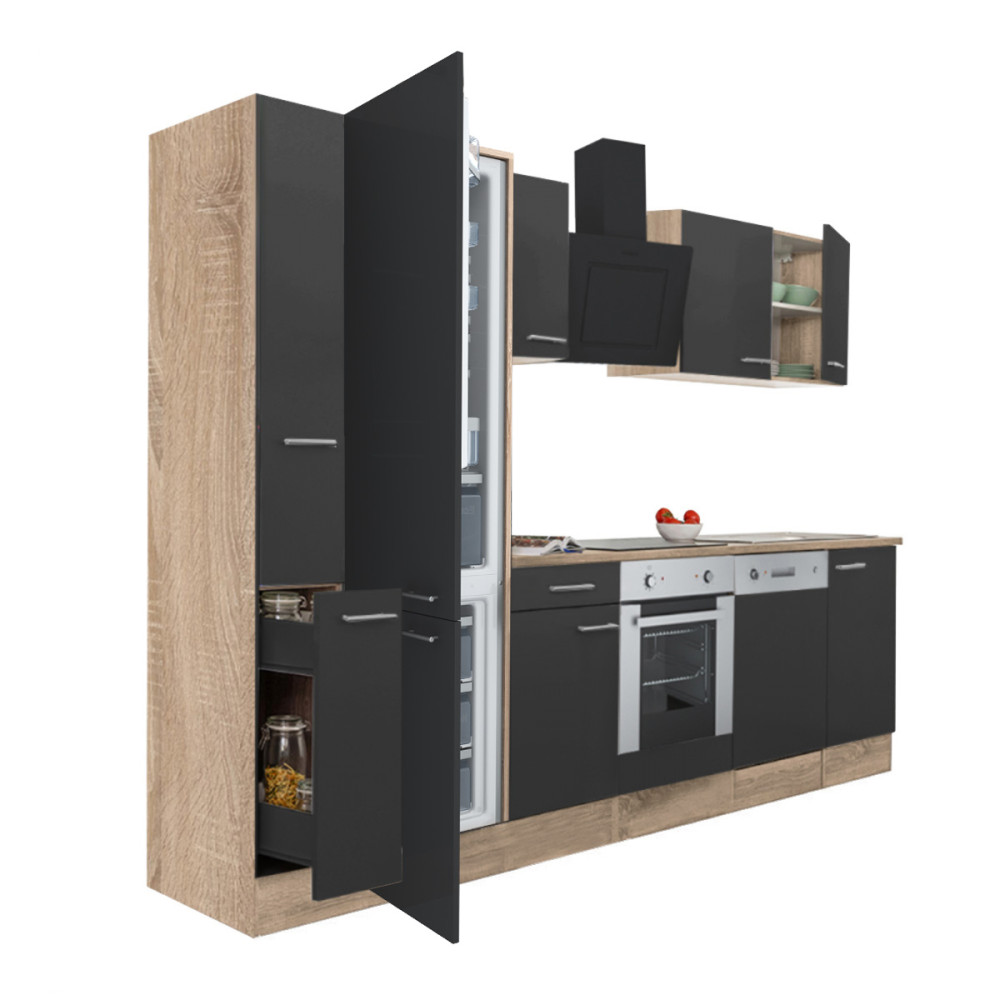 Yorki 310 konyhablokk sonoma tölgy korpusz,selyemfényű antracit front alsó sütős elemmel alulfagyasztós hűtős szekrénnyel (HX)