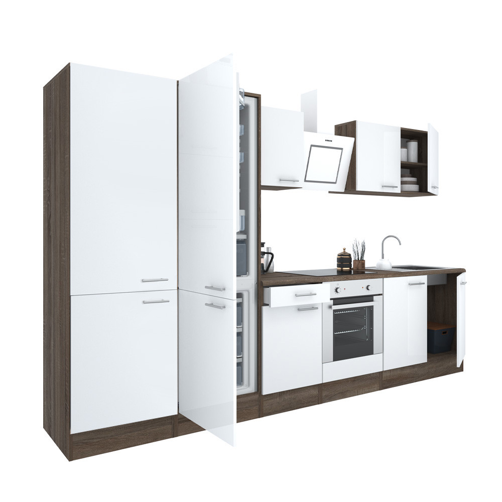 Yorki 330 konyhablokk yorki tölgy korpusz,selyemfényű fehér front alsó sütős elemmel polcos szekrénnyel és alulfagyasztós hűtős szekrénnyel (HX)