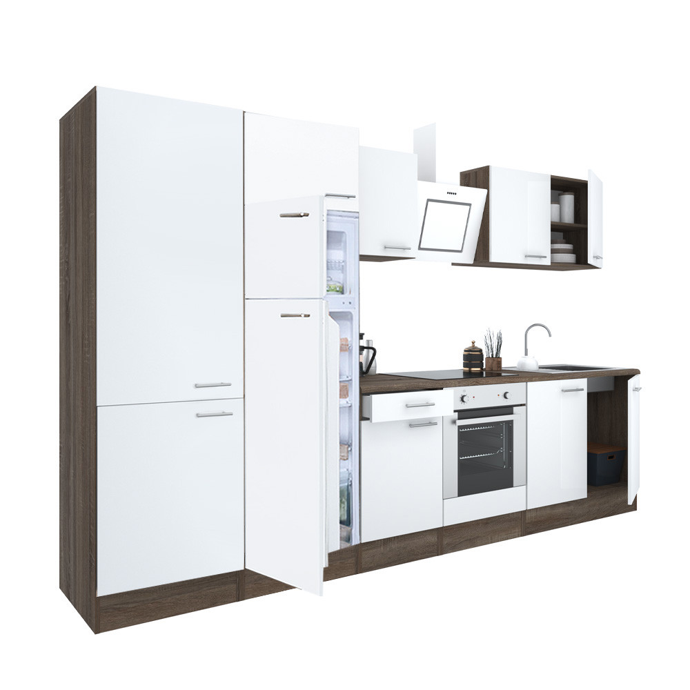 Yorki 330 konyhablokk yorki tölgy korpusz,selyemfényű fehér front alsó sütős elemmel polcos szekrénnyel és felülfagyasztós hűtős szekrénnyel (HX)