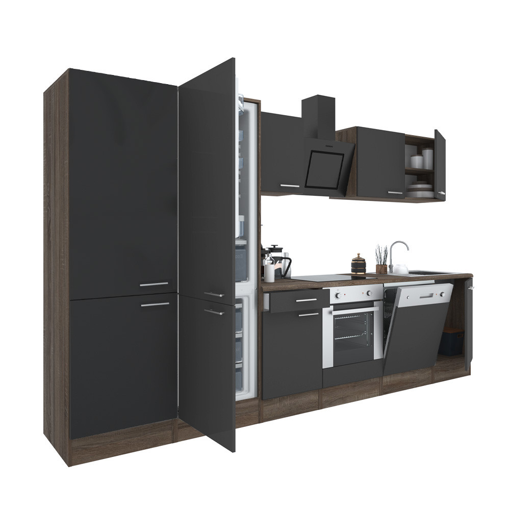 Yorki 330 konyhablokk yorki tölgy korpusz,selyemfényű antracit front alsó sütős elemmel polcos szekrénnyel és alulfagyasztós hűtős szekrénnyel (HX)