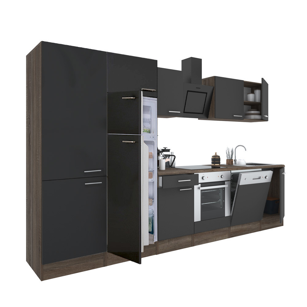 Yorki 330 konyhablokk yorki tölgy korpusz,selyemfényű antracit front alsó sütős elemmel polcos szekrénnyel és felülfagyasztós hűtős szekrénnyel (HX)