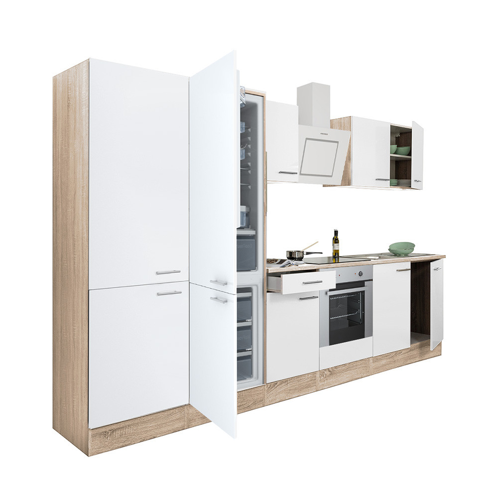Yorki 330 konyhablokk sonoma tölgy korpusz,selyemfényű fehér front alsó sütős elemmel polcos szekrénnyel és alulfagyasztós hűtős szekrénnyel (HX)
