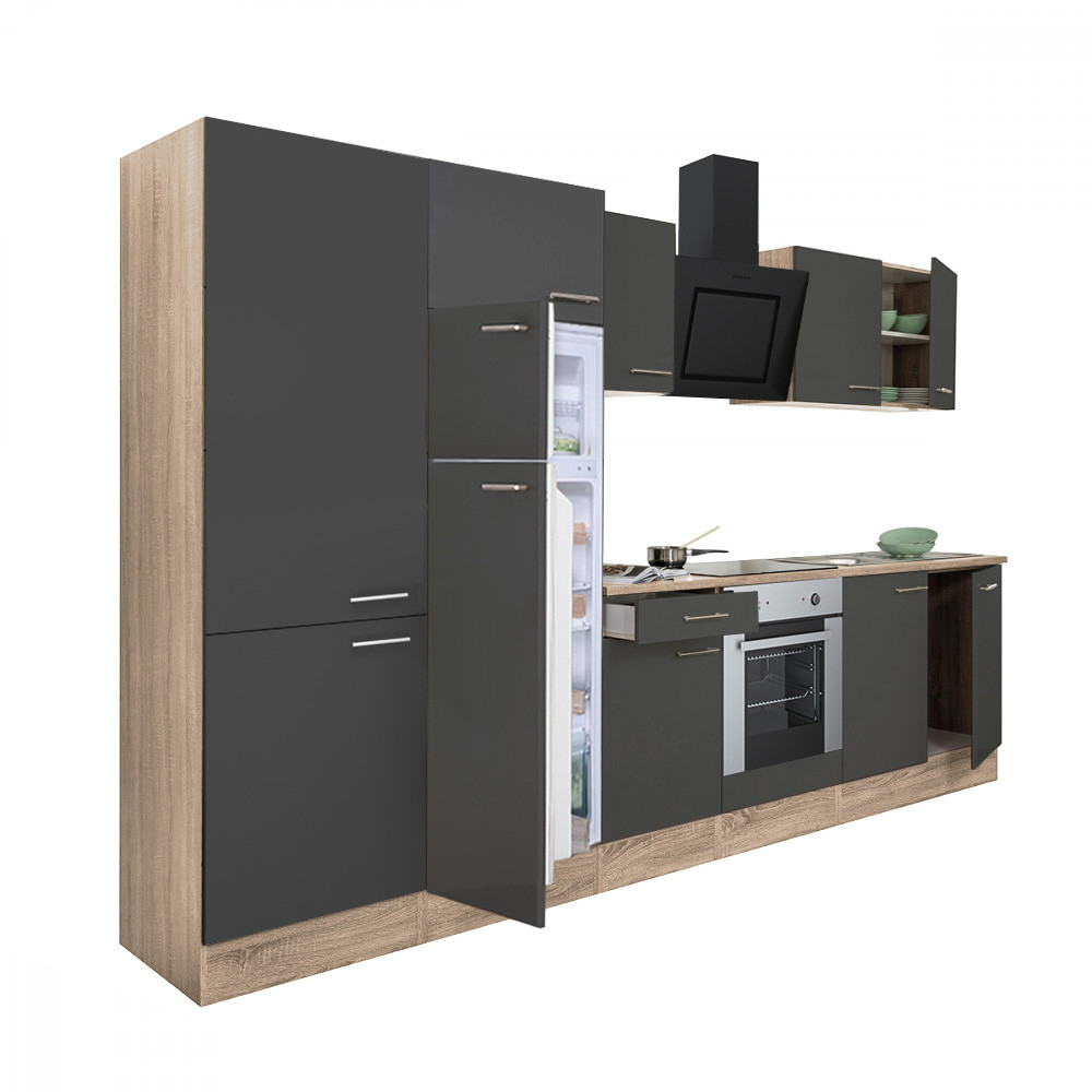 Yorki 330 konyhablokk sonoma tölgy korpusz,selyemfényű antracit front alsó sütős elemmel polcos szekrénnyel és felülfagyasztós hűtős szekrénnyel (HX)