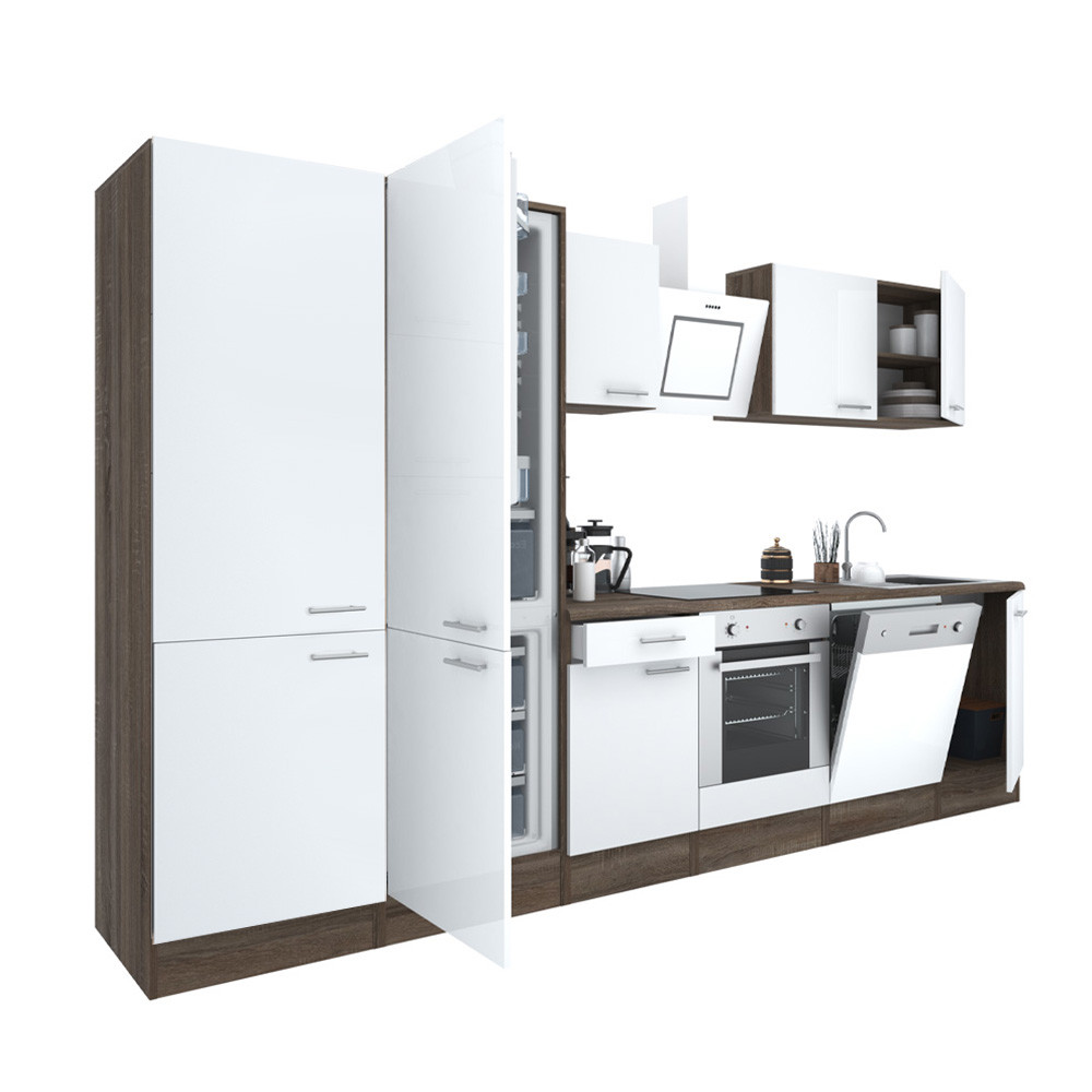 Yorki 340 konyhablokk yorki tölgy korpusz,selyemfényű fehér front alsó sütős elemmel polcos szekrénnyel és alulfagyasztós hűtős szekrénnyel (HX)