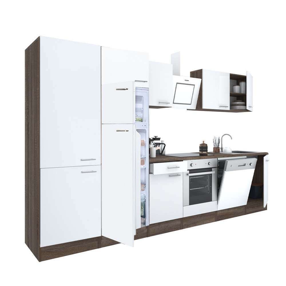 Yorki 340 konyhablokk yorki tölgy korpusz,selyemfényű fehér front alsó sütős elemmel polcos szekrénnyel és felülfagyasztós hűtős szekrénnyel (HX)