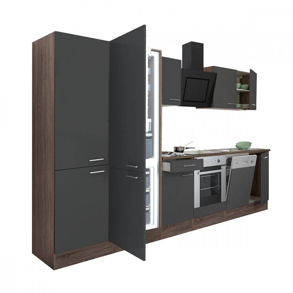 Yorki 340 konyhablokk yorki tölgy korpusz,selyemfényű antracit front alsó sütős elemmel polcos szekrénnyel és alulfagyasztós hűtős szekrénnyel (HX)