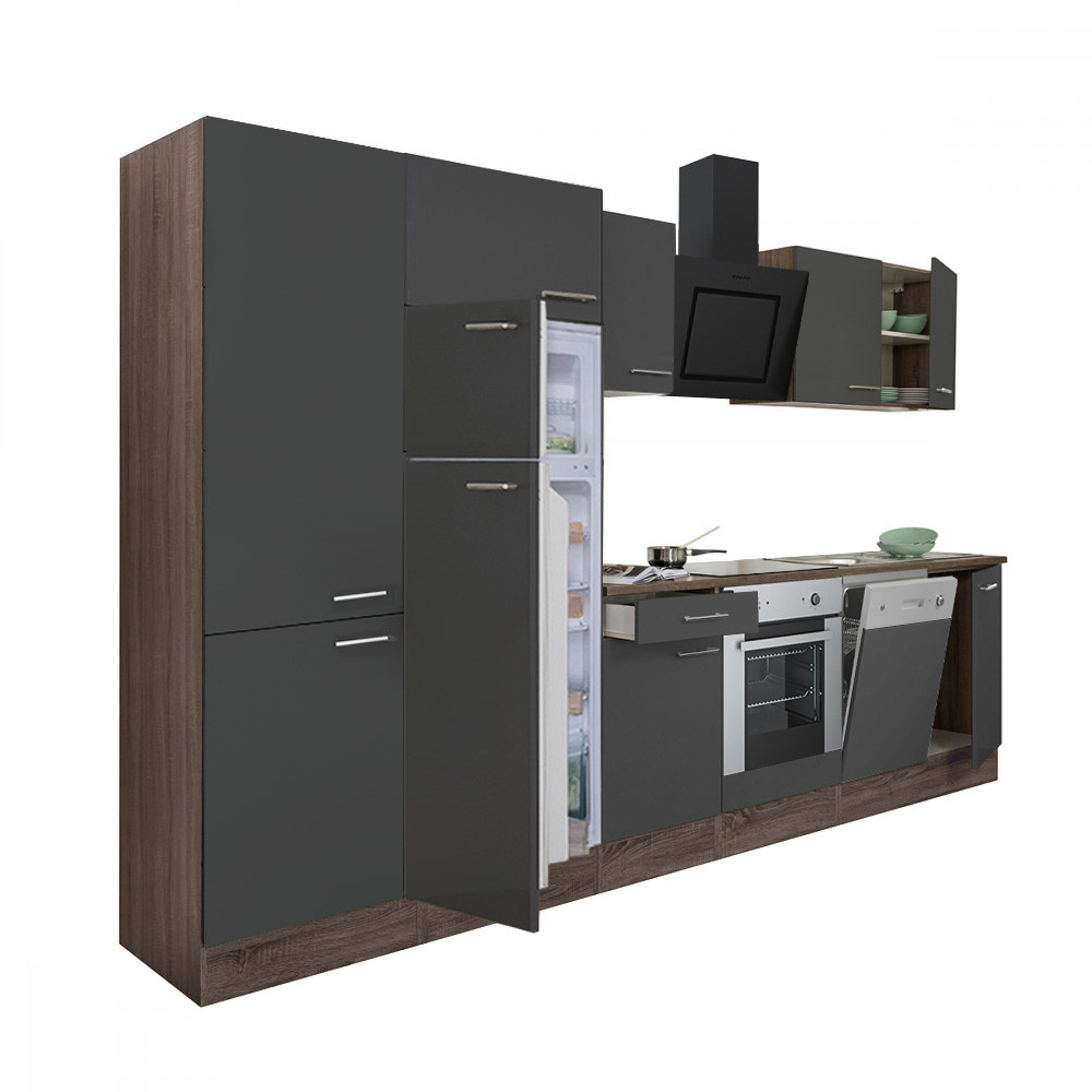 Yorki 340 konyhablokk yorki tölgy korpusz,selyemfényű antracit front alsó sütős elemmel polcos szekrénnyel és felülfagyasztós hűtős szekrénnyel (HX)