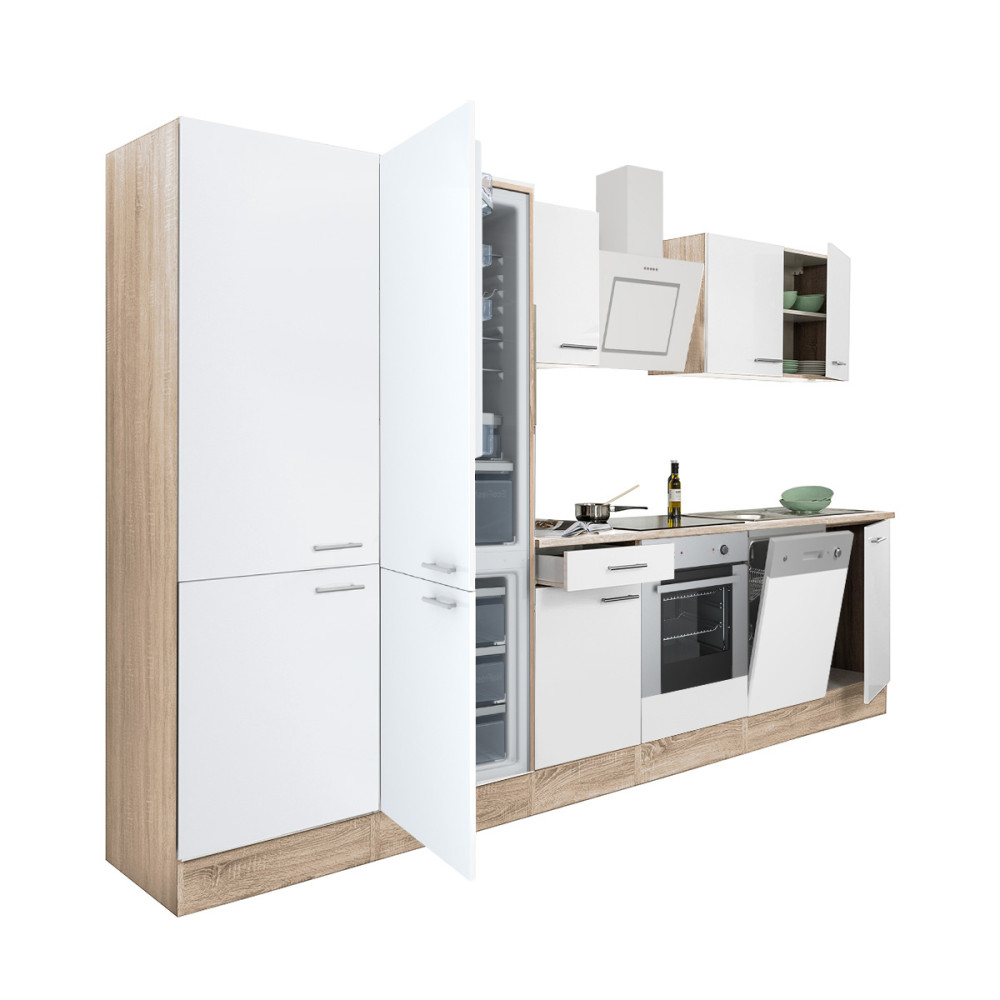 Yorki 340 konyhablokk sonoma tölgy korpusz,selyemfényű fehér front alsó sütős elemmel polcos szekrénnyel és alulfagyasztós hűtős szekrénnyel (HX)