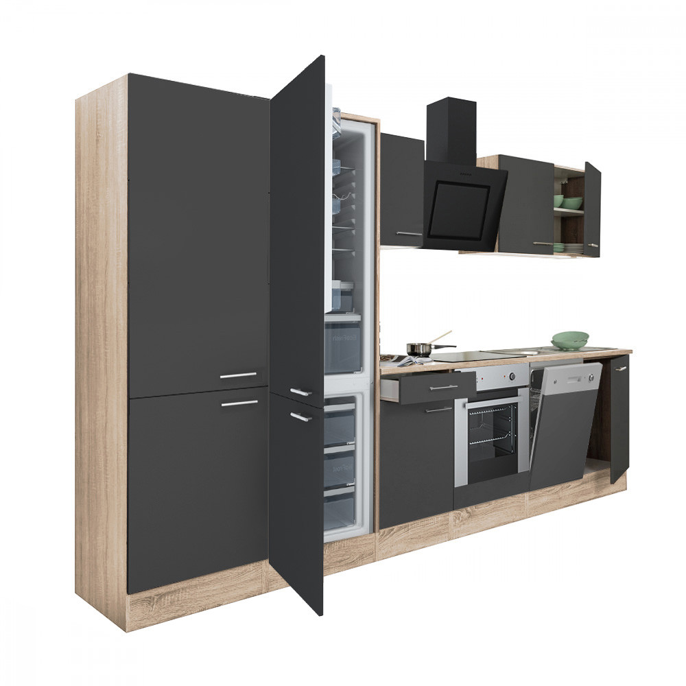 Yorki 340 konyhablokk sonoma tölgy korpusz,selyemfényű antracit front alsó sütős elemmel polcos szekrénnyel és alulfagyasztós hűtős szekrénnyel (HX)