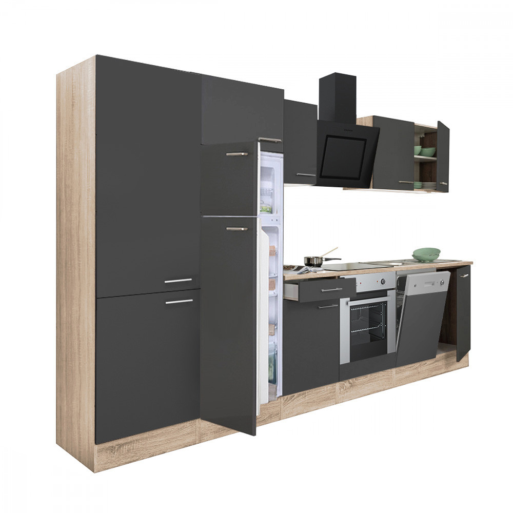 Yorki 340 konyhablokk sonoma tölgy korpusz,selyemfényű antracit front alsó sütős elemmel polcos szekrénnyel és felülfagyasztós hűtős szekrénnyel (HX)