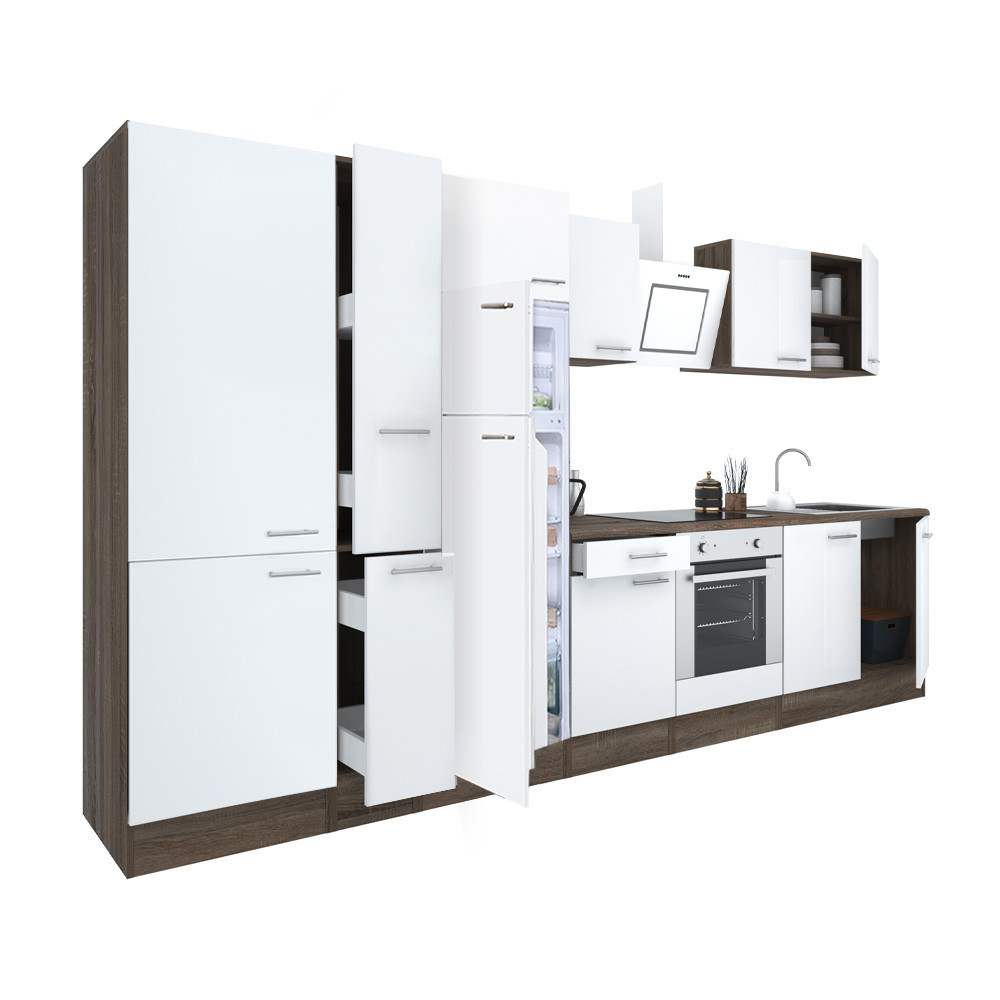 Yorki 360 konyhablokk yorki tölgy korpusz,selyemfényű fehér front alsó sütős elemmel polcos szekrénnyel és felülfagyasztós hűtős szekrénnyel (HX)