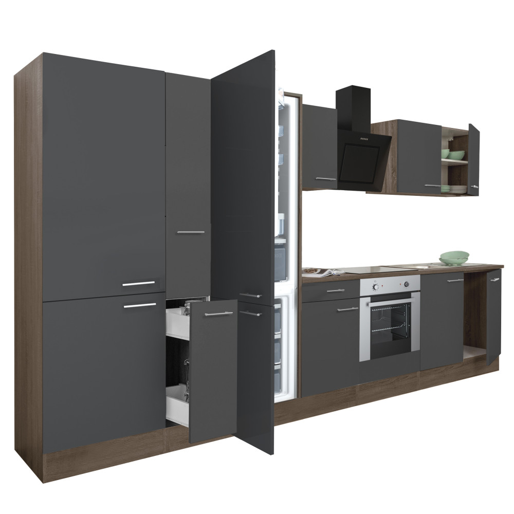Yorki 360 konyhablokk yorki tölgy korpusz,selyemfényű antracit front alsó sütős elemmel polcos szekrénnyel és alulfagyasztós hűtős szekrénnyel (HX)