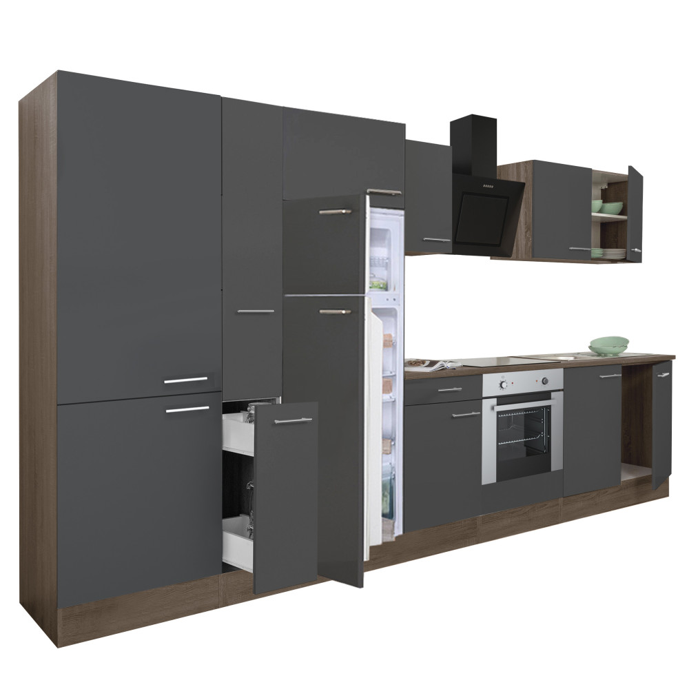 Yorki 360 konyhablokk yorki tölgy korpusz,selyemfényű antracit front alsó sütős elemmel polcos szekrénnyel és felülfagyasztós hűtős szekrénnyel (HX)