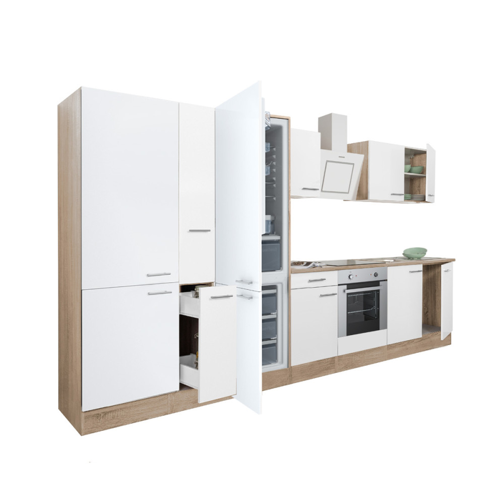 Yorki 360 konyhablokk sonoma tölgy korpusz,selyemfényű fehér front alsó sütős elemmel polcos szekrénnyel és alulfagyasztós hűtős szekrénnyel (HX)