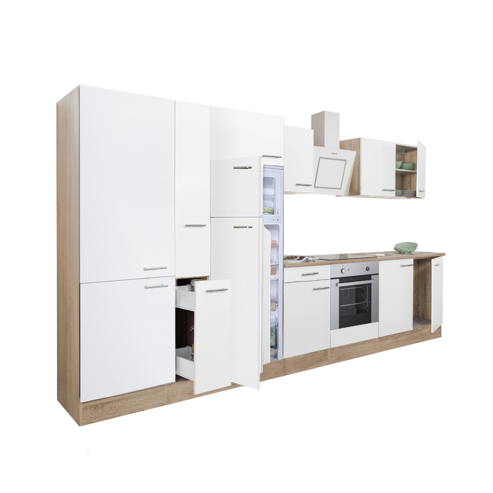 Yorki 360 konyhablokk sonoma tölgy korpusz,selyemfényű fehér front alsó sütős elemmel polcos szekrénnyel és felülfagyasztós hűtős szekrénnyel (HX)