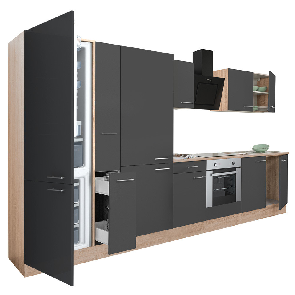Yorki 360 konyhablokk sonoma tölgy korpusz,selyemfényű antracit front alsó sütős elemmel polcos szekrénnyel és alulfagyasztós hűtős szekrénnyel (HX)
