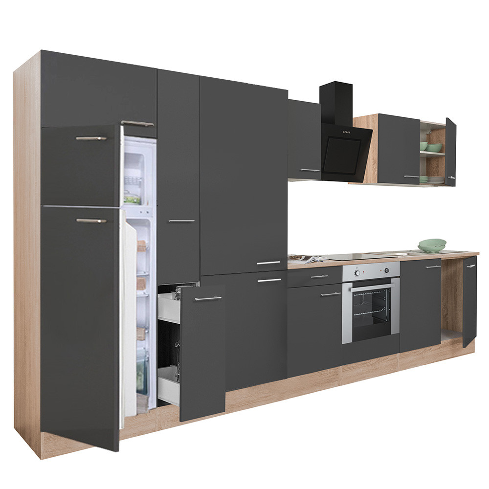 Yorki 360 konyhablokk sonoma tölgy korpusz,selyemfényű antracit front alsó sütős elemmel polcos szekrénnyel és felülfagyasztós hűtős szekrénnyel (HX)