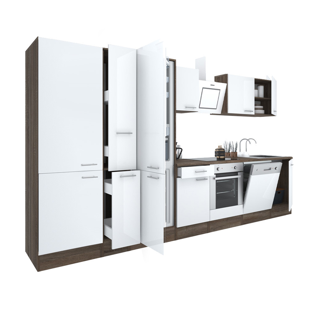 Yorki 370 konyhablokk yorki tölgy korpusz,selyemfényű fehér front alsó sütős elemmel polcos szekrénnyel és alulfagyasztós hűtős szekrénnyel (HX)
