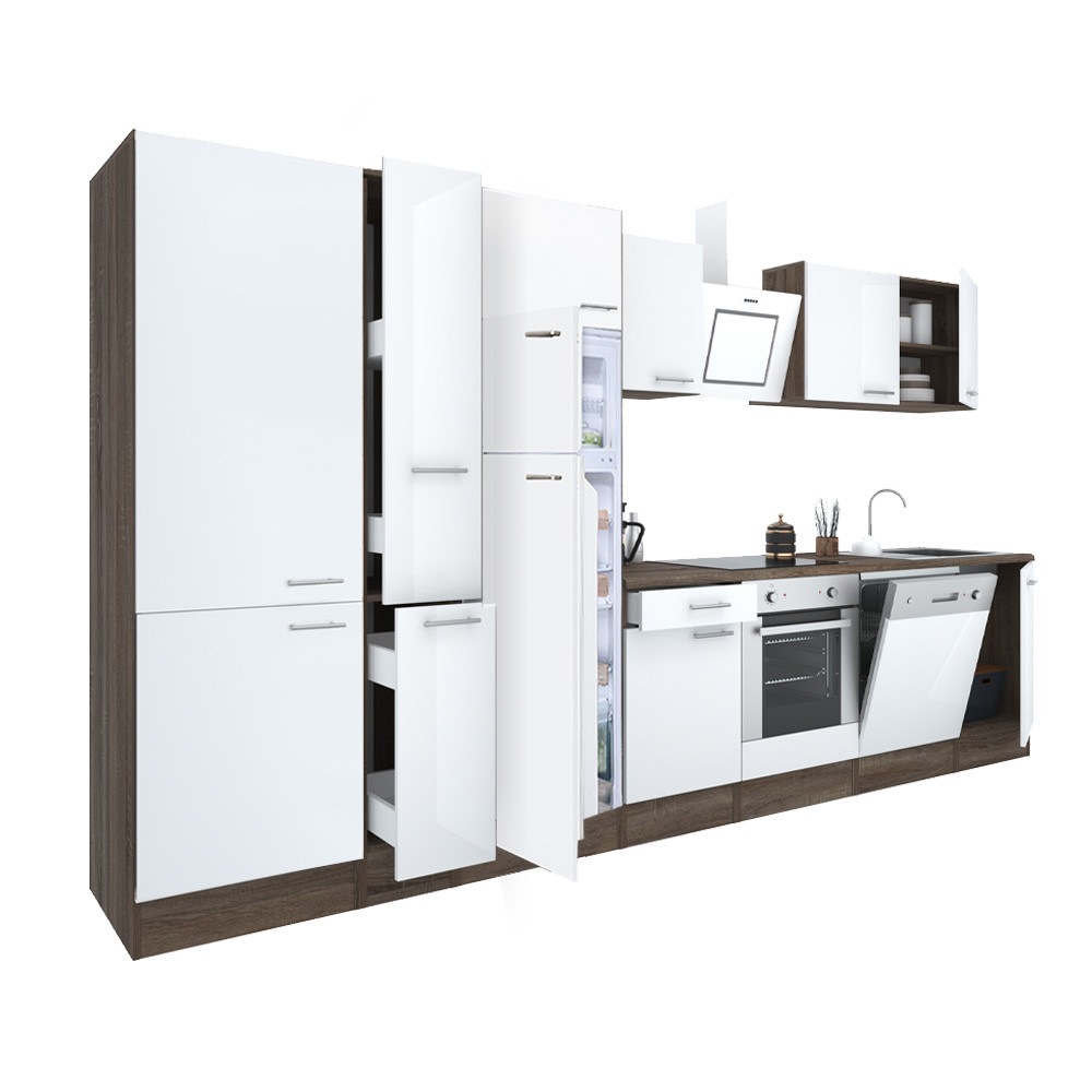 Yorki 370 konyhablokk yorki tölgy korpusz,selyemfényű fehér front alsó sütős elemmel polcos szekrénnyel és felülfagyasztós hűtős szekrénnyel (HX)