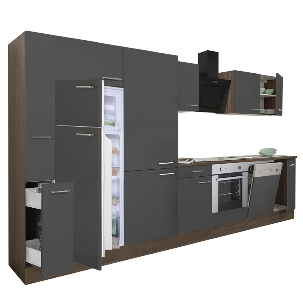 Yorki 370 konyhablokk yorki tölgy korpusz,selyemfényű antracit front alsó sütős elemmel polcos szekrénnyel és felülfagyasztós hűtős szekrénnyel (HX)