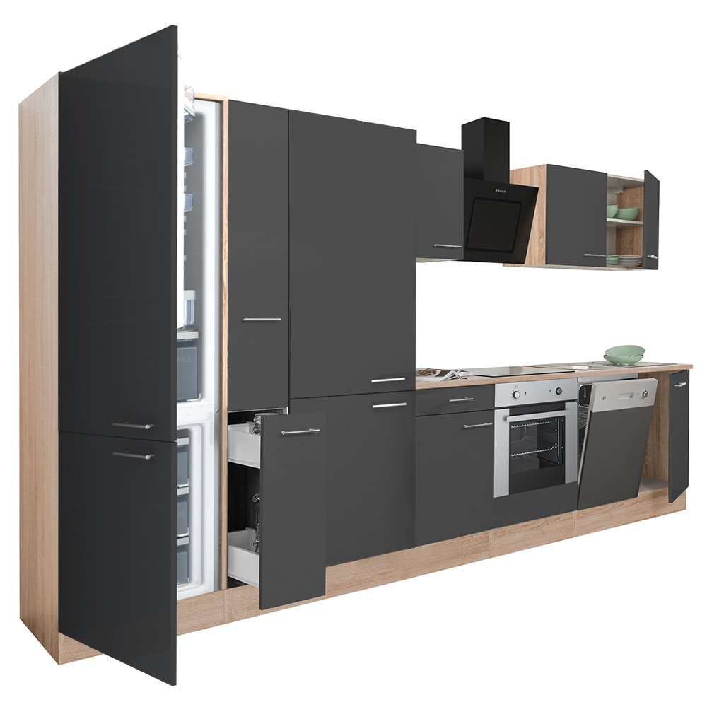 Yorki 370 konyhablokk sonoma tölgy korpusz,selyemfényű antracit front alsó sütős elemmel polcos szekrénnyel és alulfagyasztós hűtős szekrénnyel (HX)