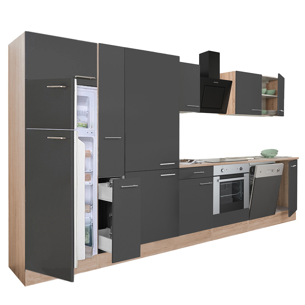 Yorki 370 konyhablokk sonoma tölgy korpusz,selyemfényű antracit front alsó sütős elemmel polcos szekrénnyel és felülfagyasztós hűtős szekrénnyel (HX)